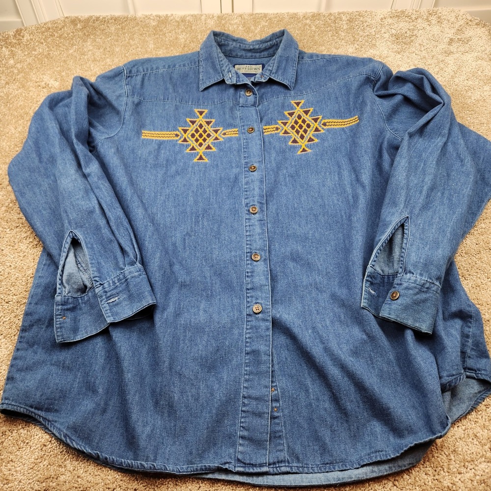 Ruff Hewn Womens Blue Denim Western Embroidered Button Down Shirt Made in USA L